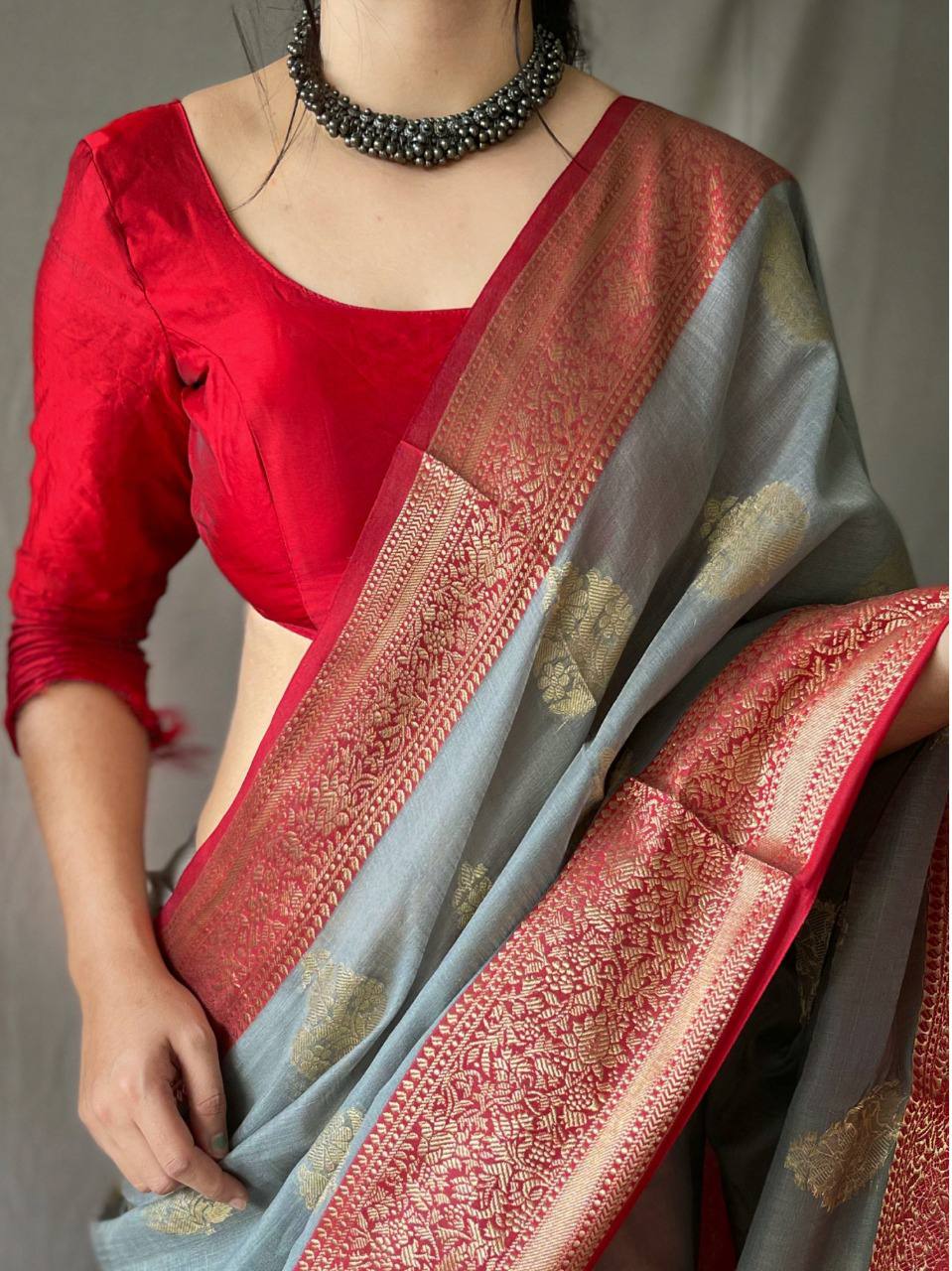 Grey Linen Saree With Chap Border