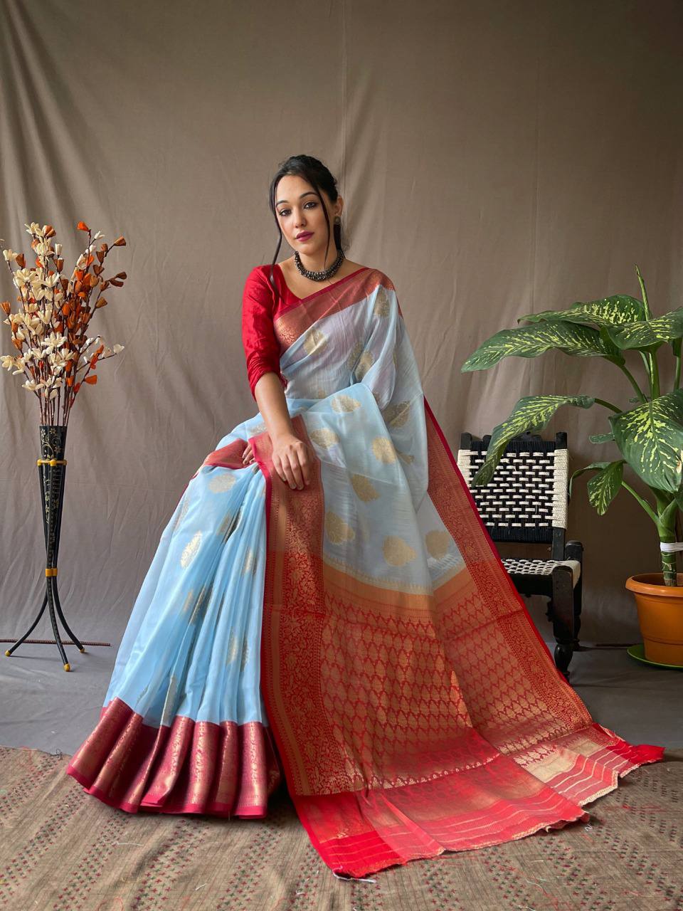 Sky Blue Linen Saree With Chap Border