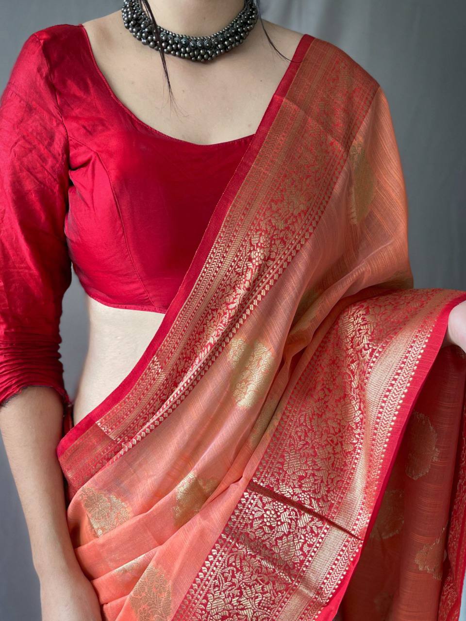 Orange Linen Saree With Chap Border
