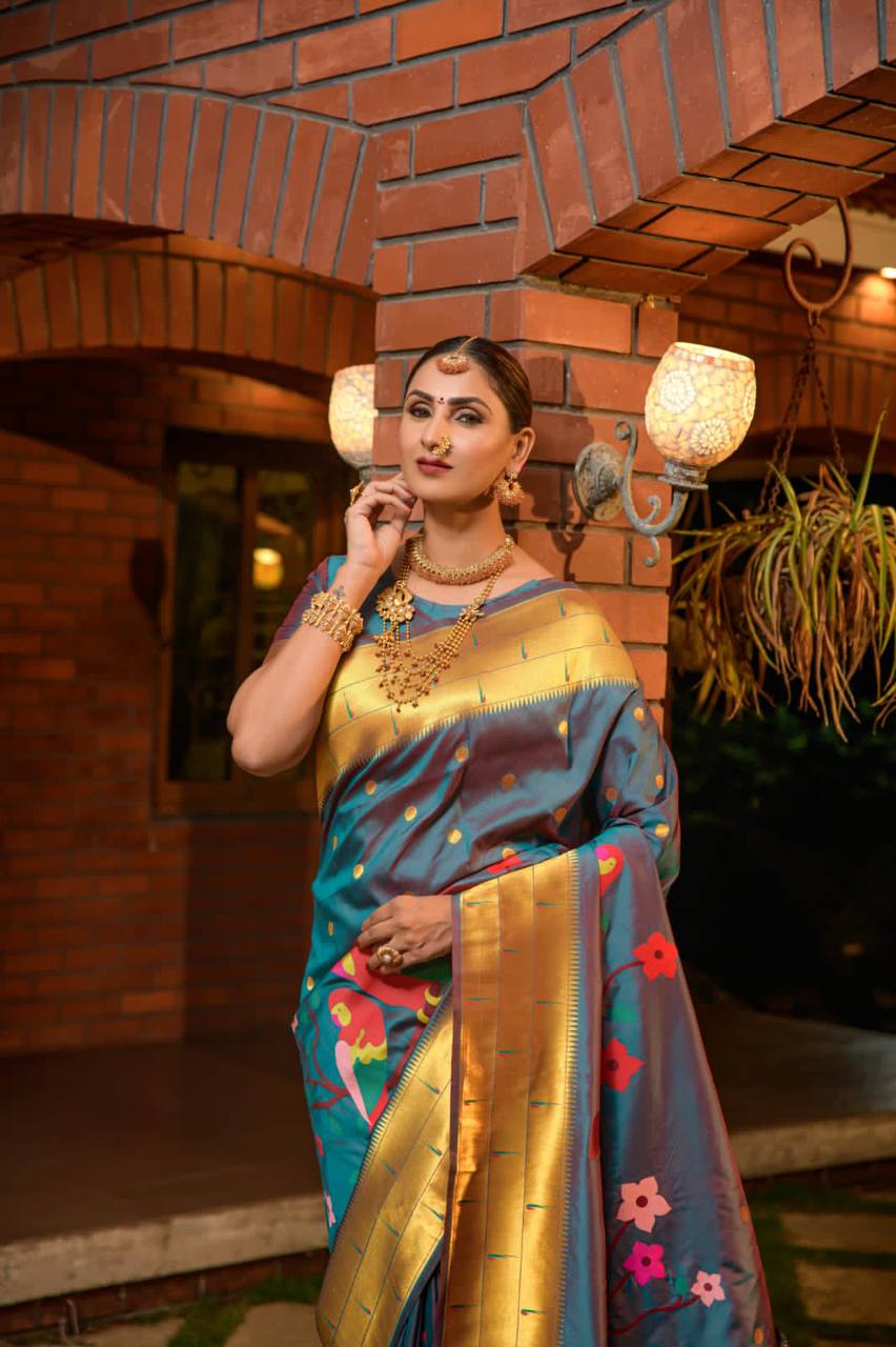 Teal Paithani Pure Silk Handloom Saree With Pure Jari