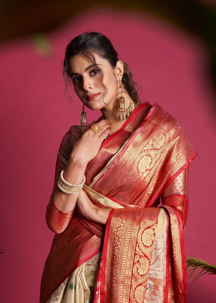 Cream Soft Kanjivaram Silk Saree