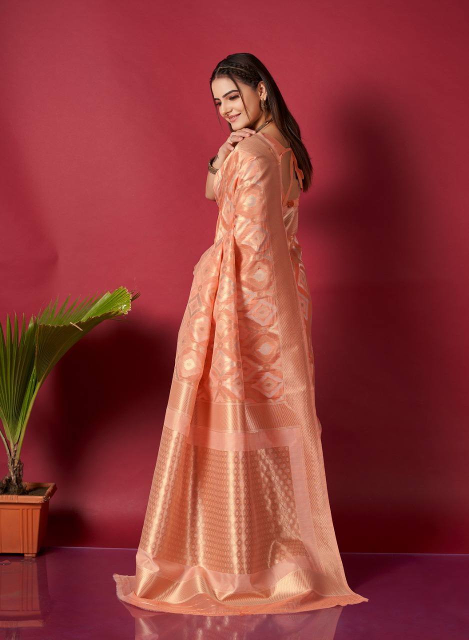 Orange Linen Saree With Ikkat Self Weaving