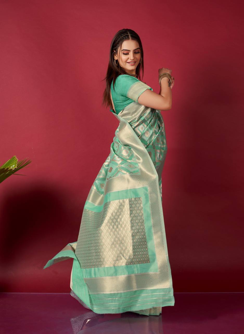 Green Linen Saree With Ikkat Self Weaving