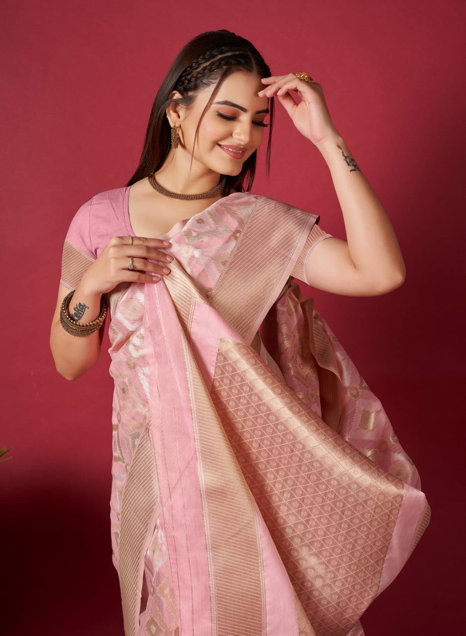 Pink Linen Saree With Ikkat Self Weaving