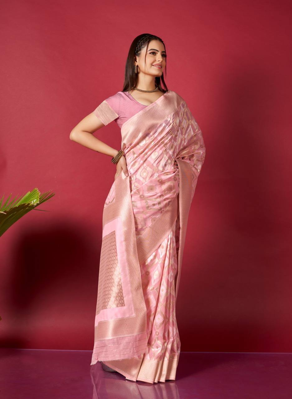 Pink Linen Saree With Ikkat Self Weaving