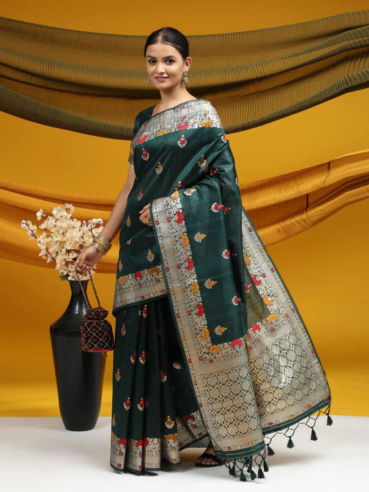 Green Tussar Silk Weaving Saree With Ikkat And Meena Woven Border