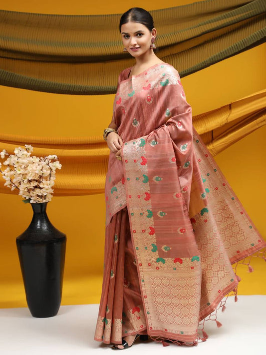 Peach Tussar Silk Weaving Saree With Ikkat And Meena Woven Border