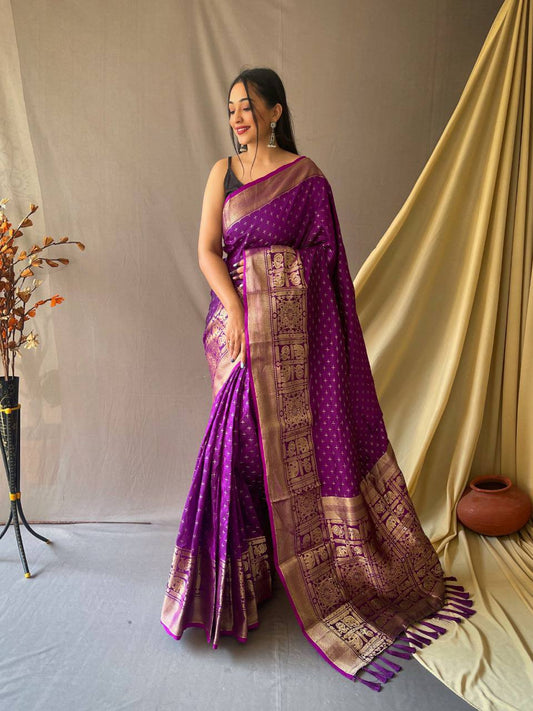 Purple Heavy Copper Jacquard Weaving Border Handloom Saree