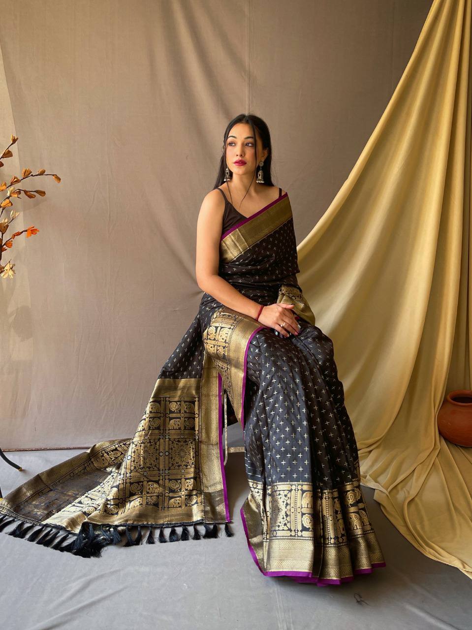 Black Heavy Copper Jacquard Weaving Border Handloom Saree