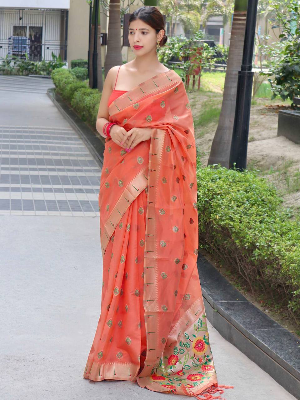 Red Paithani Saree With Zari Weaving Border.