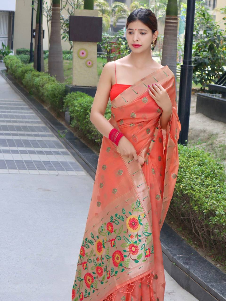 Red Paithani Saree With Zari Weaving Border.