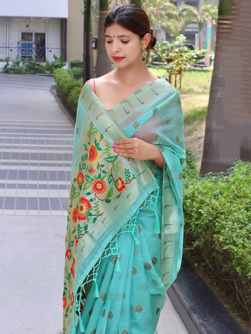 Blue Paithani Saree With Zari Weaving Border.