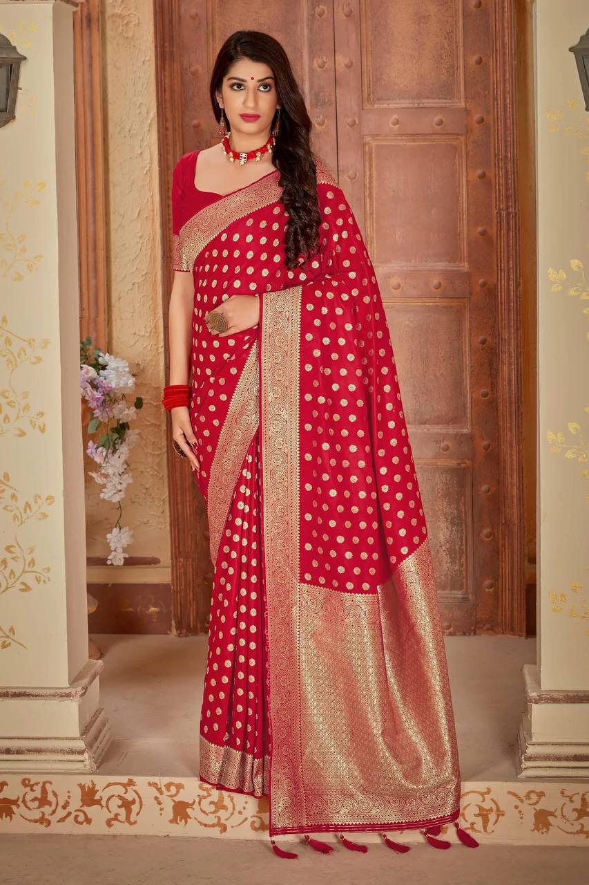 Red Satin Silk Saree With Rich Pallu And All Over Zari Butti