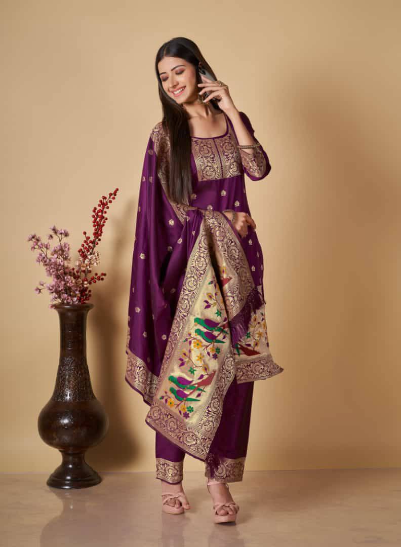 Purple Paithani Silk Unstitched Dress