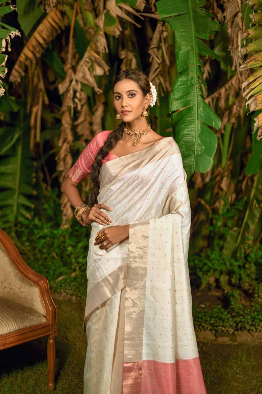 White Bhagalpuri Silk Saree