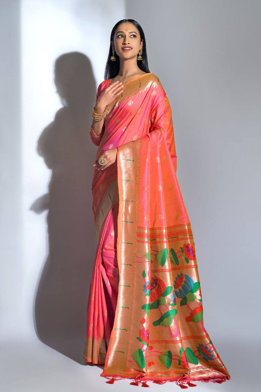 Peach Banarasi Soft Silk Paithani Saree With Zari Border