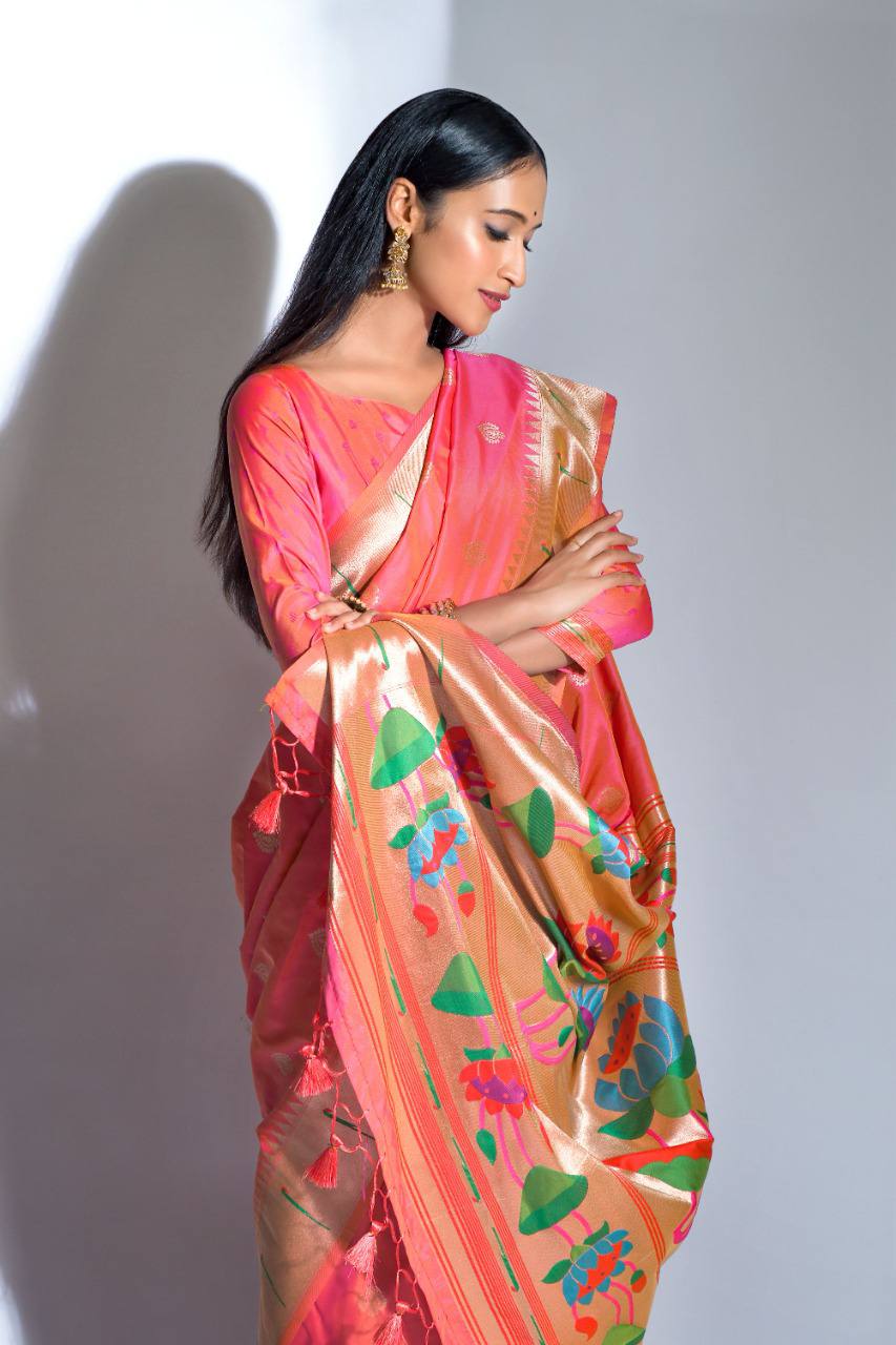 Peach Banarasi Soft Silk Paithani Saree With Zari Border