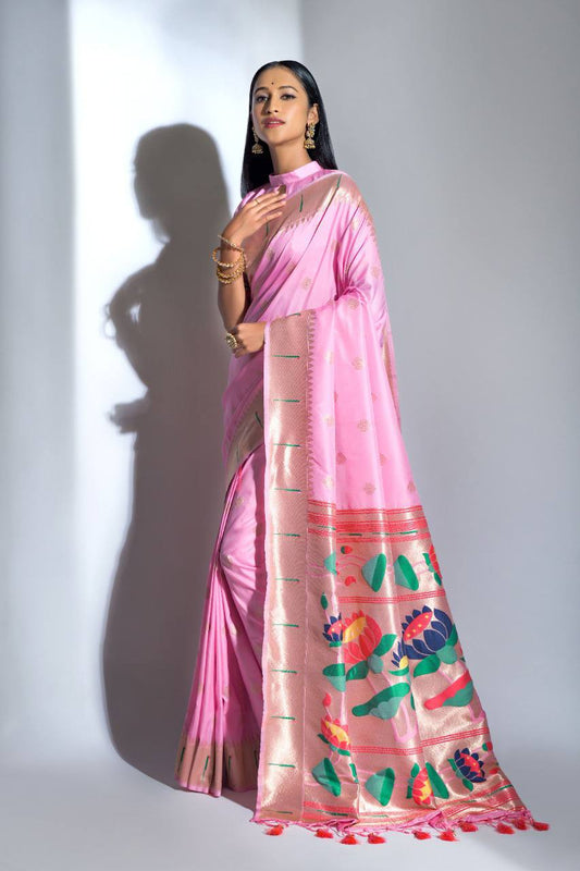 Light Pink Banarasi Soft Silk Paithani Saree With Zari Border
