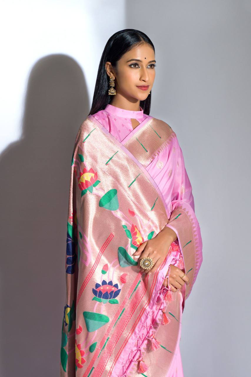 Light Pink Banarasi Soft Silk Paithani Saree With Zari Border