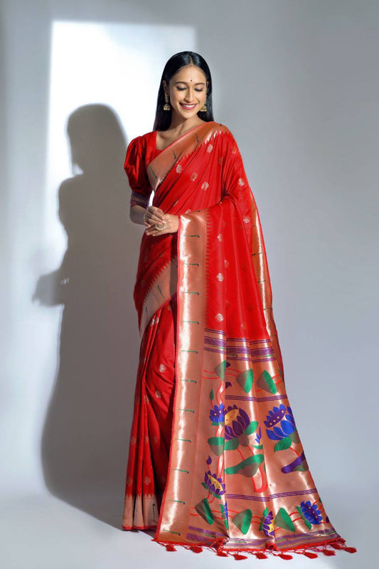 Red Banarasi Soft Silk Paithani Saree With Zari Border