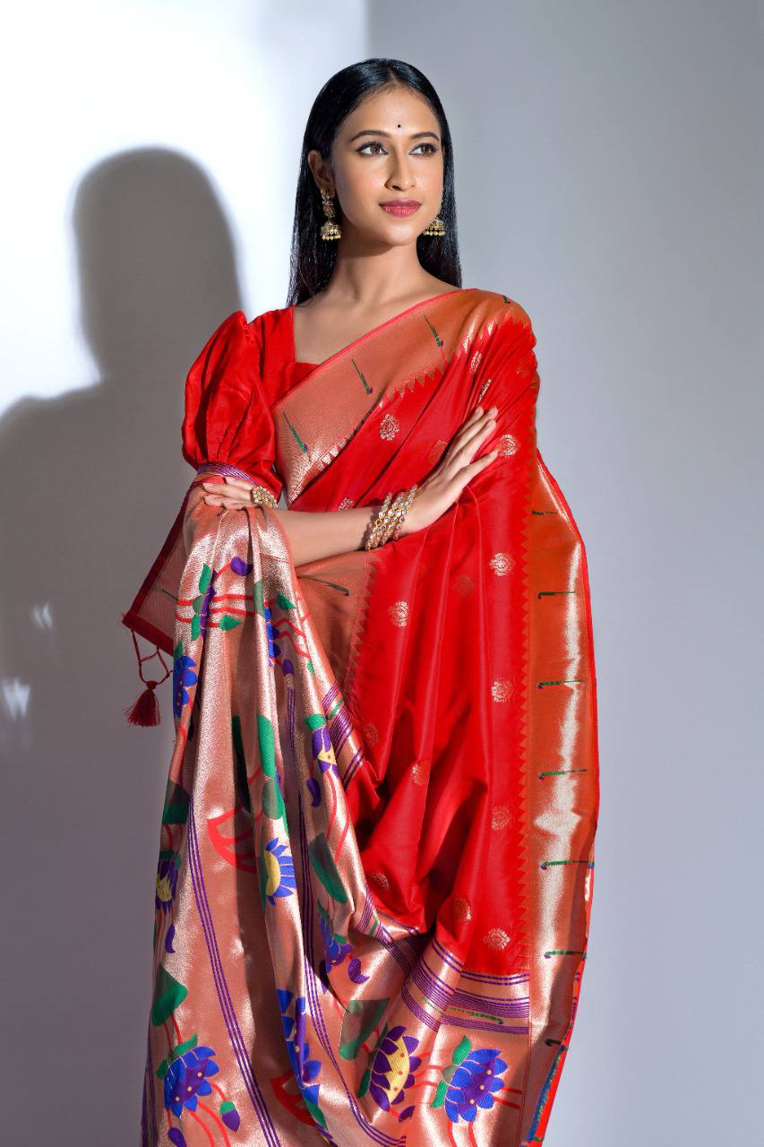Red Banarasi Soft Silk Paithani Saree With Zari Border