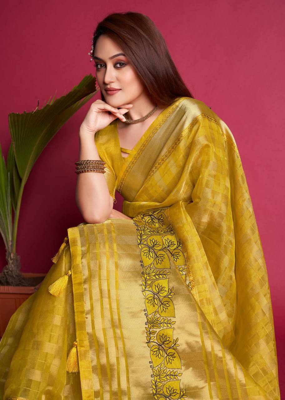 Yellow Tissue Organza Silk Saree
