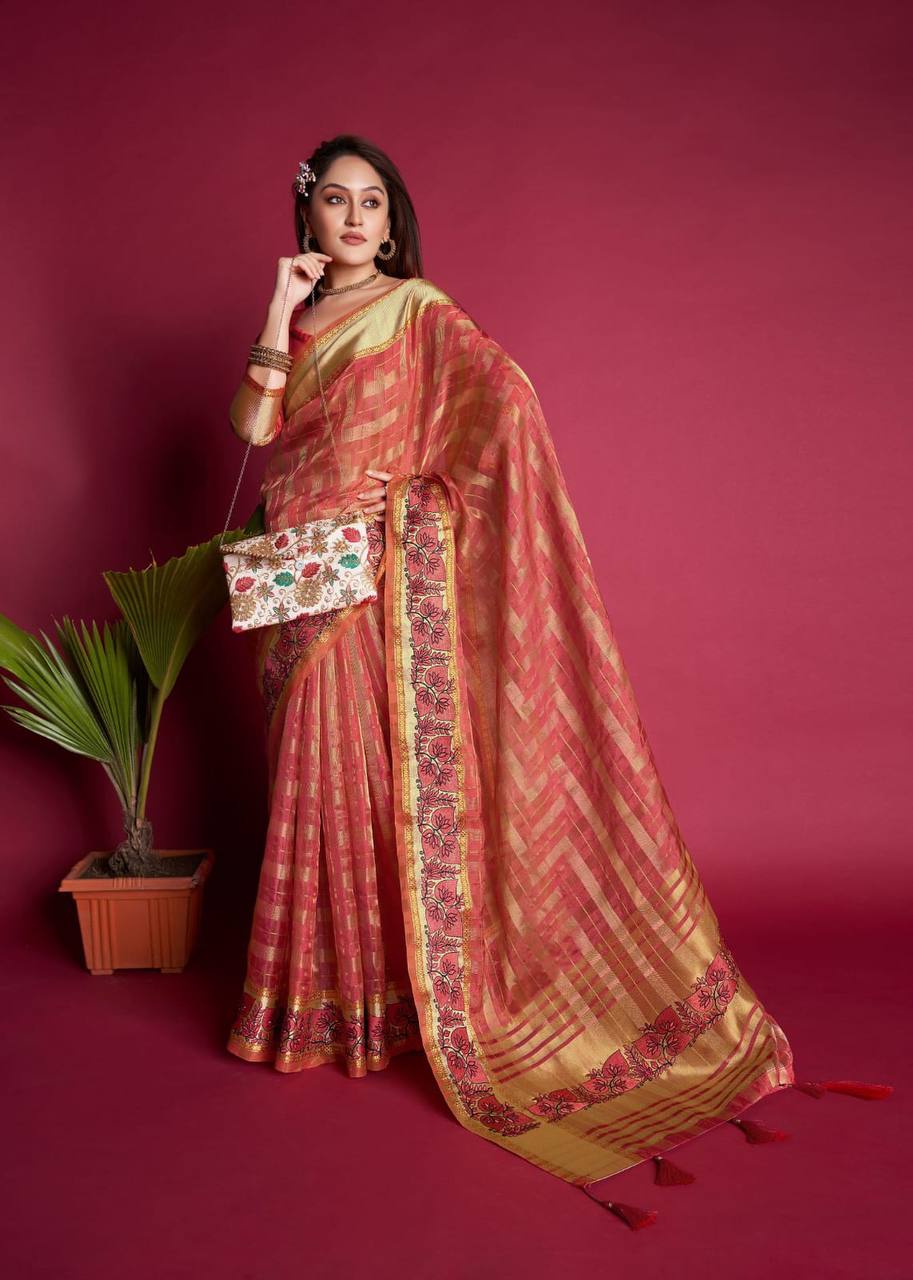 Red Tissue Organza Silk Saree