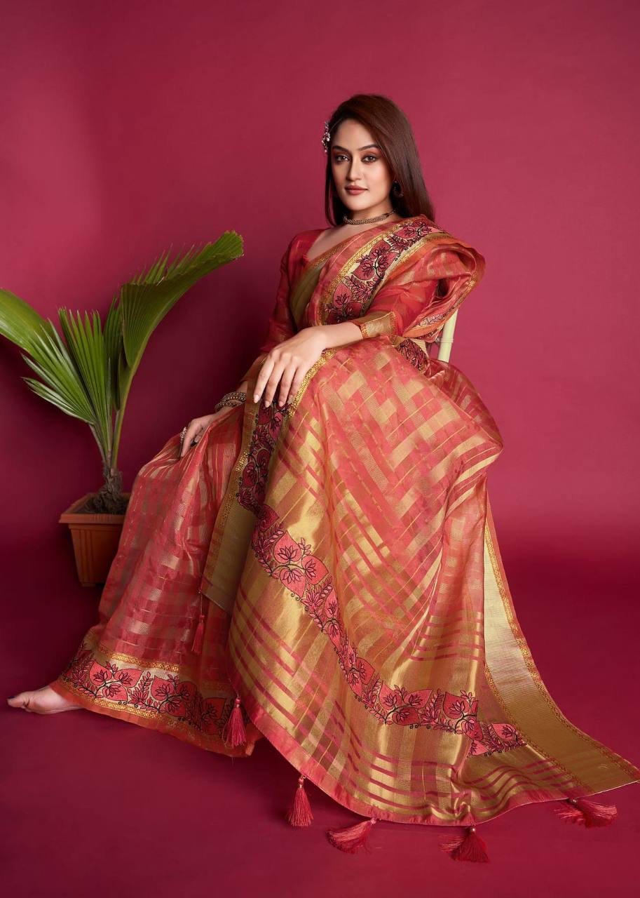 Red Tissue Organza Silk Saree