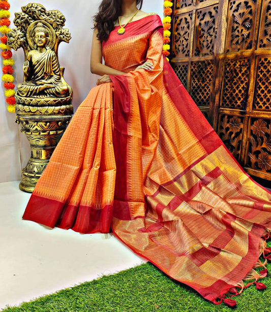 Orange Semi Tussar Silk Saree With Contrast Bomkai Temple Border
