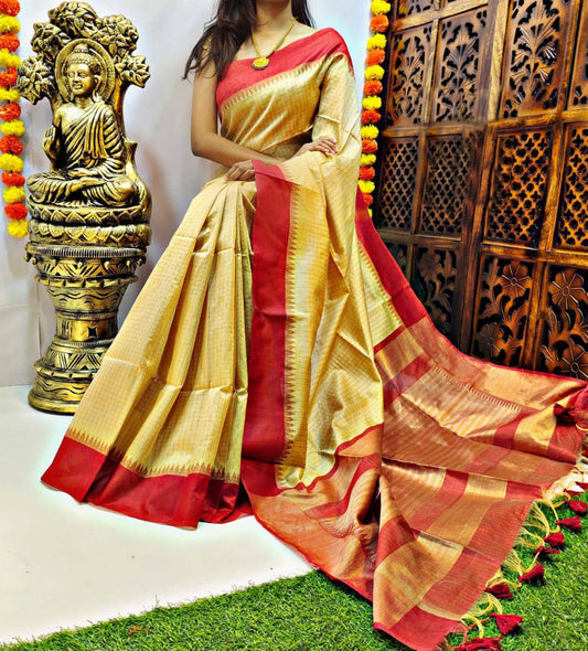 Cream Semi Tussar Silk Saree With Contrast Bomkai Temple Border
