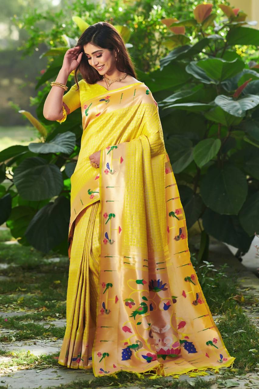 Yellow Banarasi Soft Silk Paithani Saree With Fancy Meena Weaves