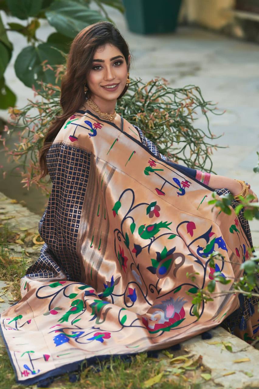 Dark Blue Banarasi Soft Silk Paithani Saree With Fancy Meena Weaves