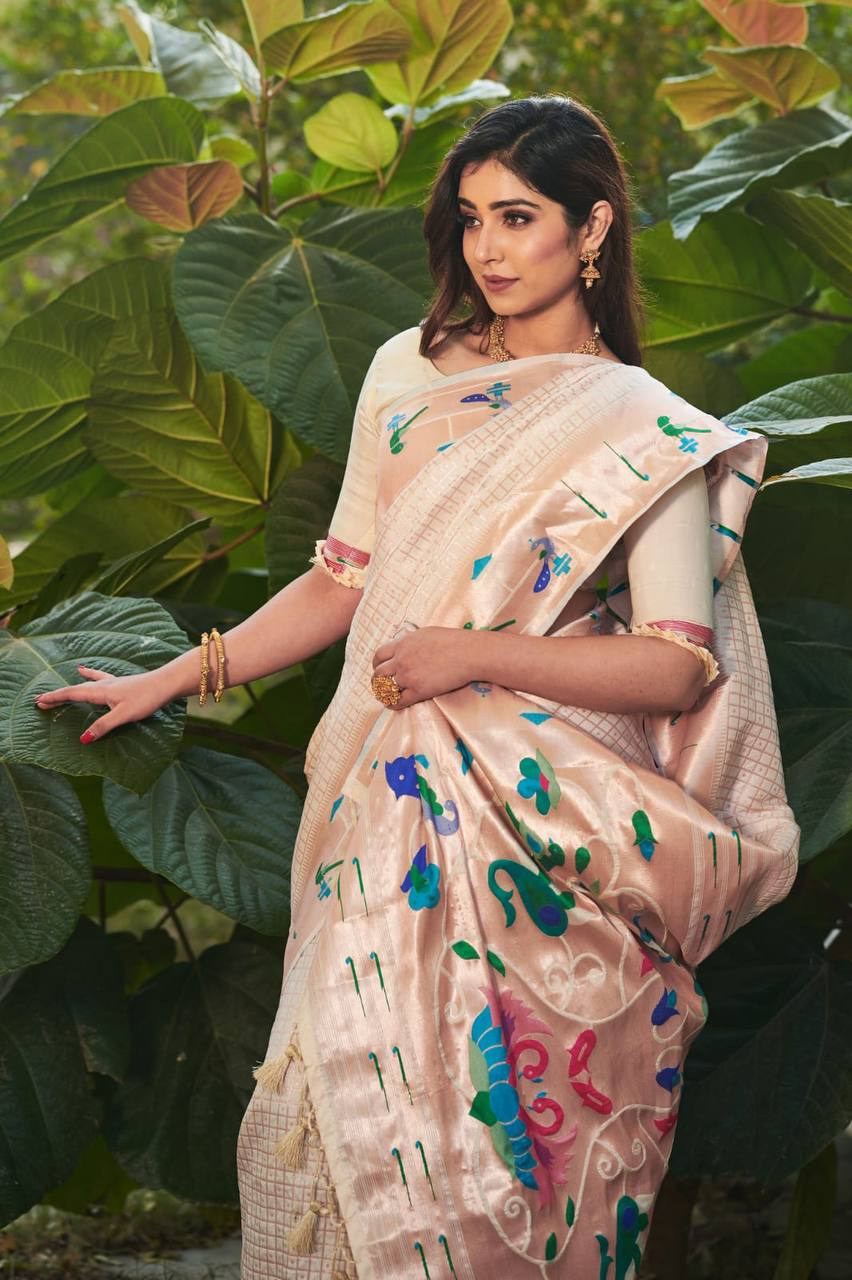 White Banarasi Soft Silk Paithani Saree With Fancy Meena Weaves