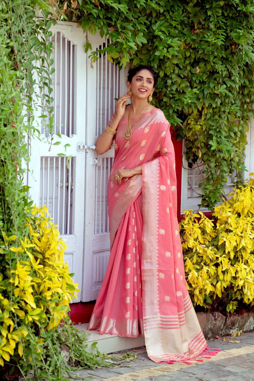Pink Soft Assam Silk Saree With Zari Weaves Butties