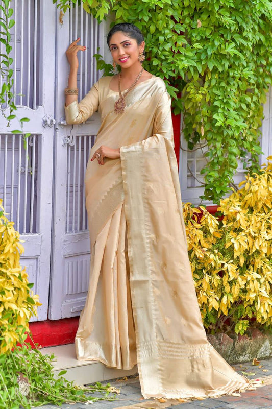 Cream Soft Assam Silk Saree With Zari Weaves Butties