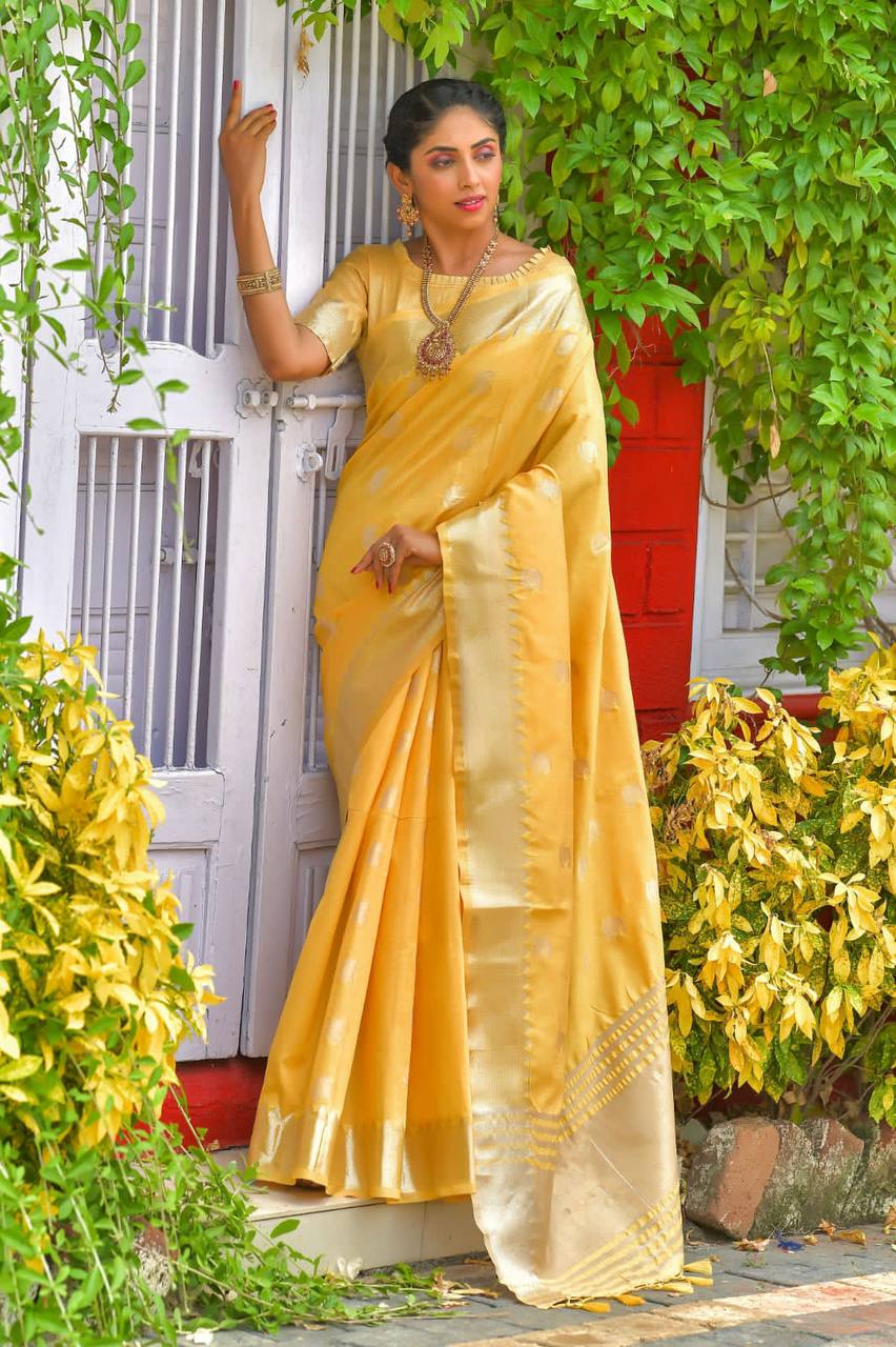 Yellow Soft Assam Silk Saree With Zari Weaves Butties