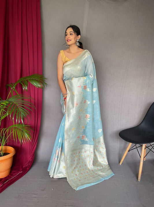Sky Blue Pure Linen Slub Silk Saree With Orignal Zari Weaving