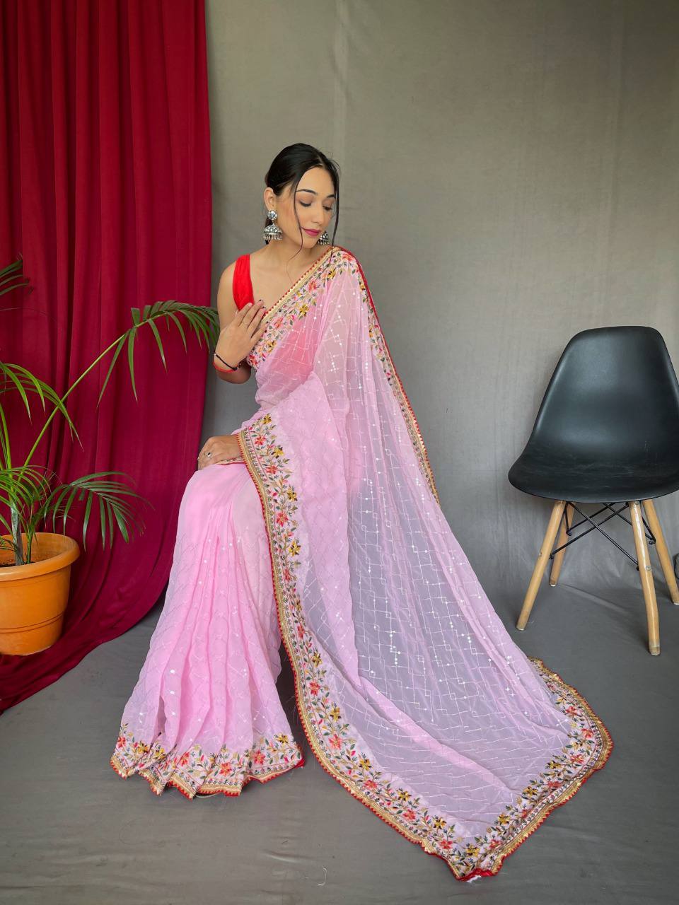 Pink Pure Georgate Saree With All Over Sequence Work