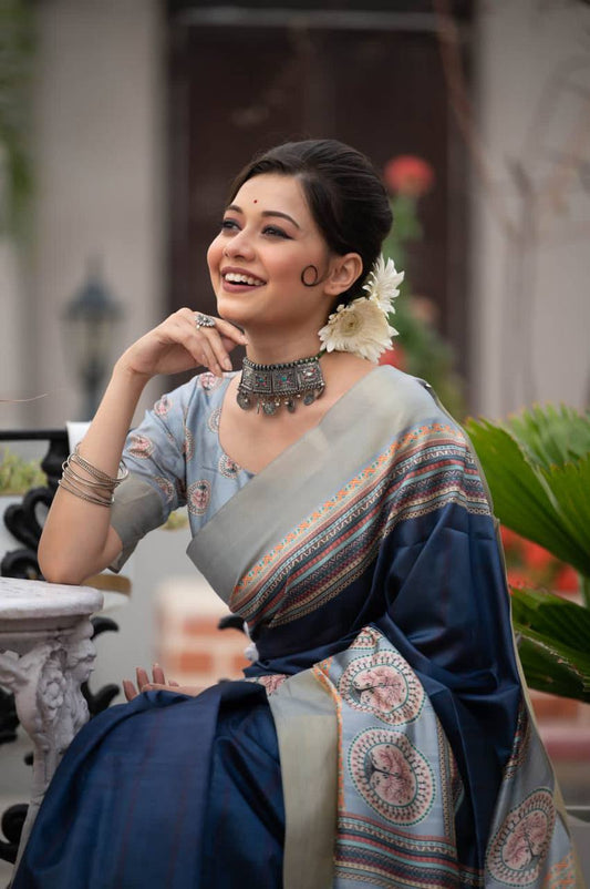 Blue Tussar Print Soft Saree With Zari Border