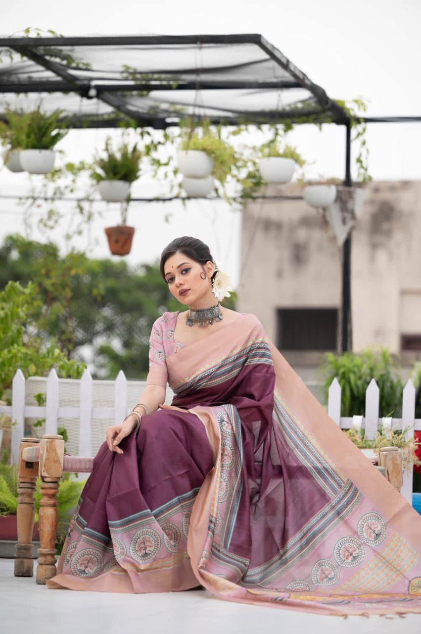 Wine Tussar Print Soft Saree With Zari Border