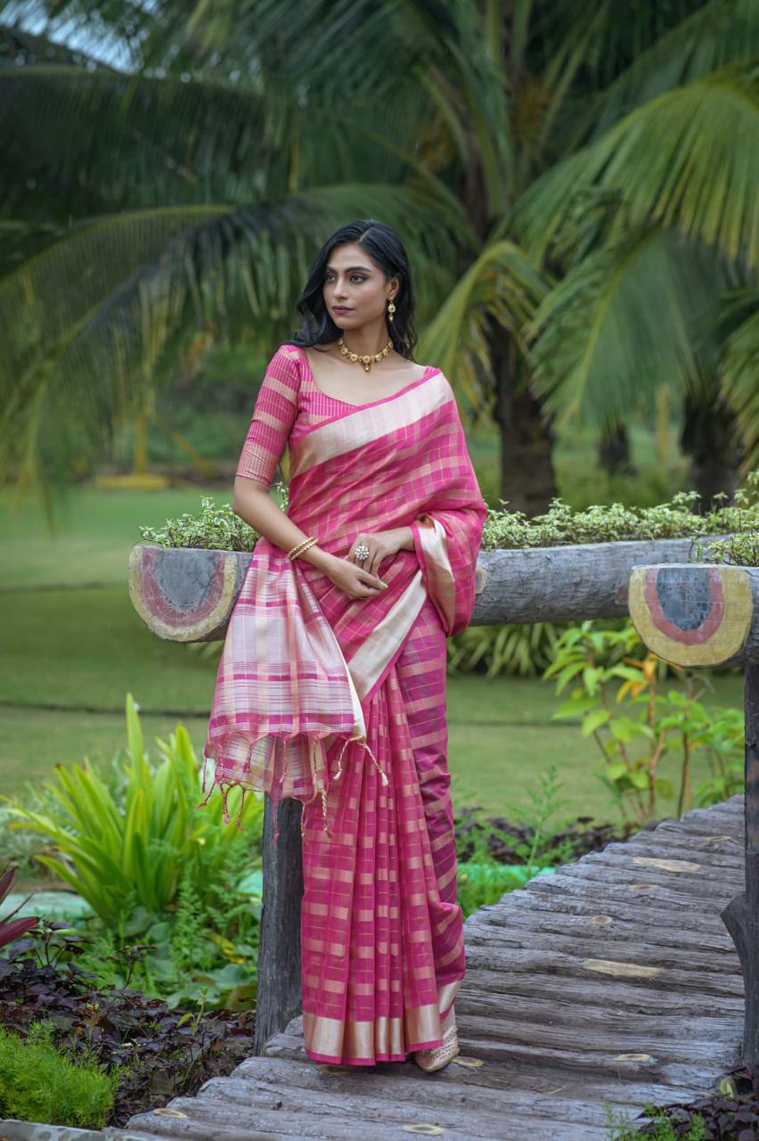 Rani Soft Organza Silk Saree With All Over Zari Weaving