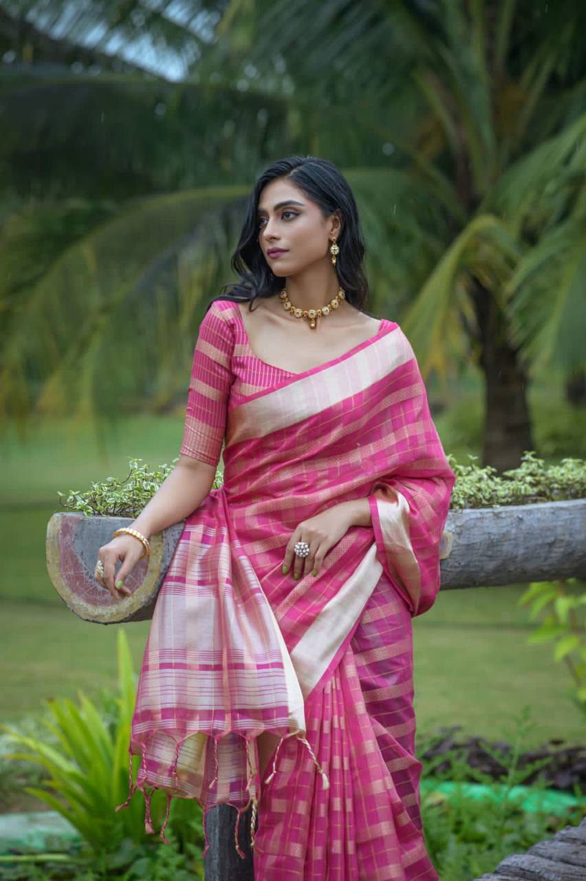 Rani Soft Organza Silk Saree With All Over Zari Weaving