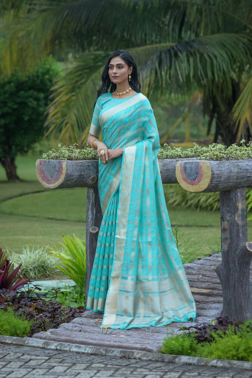 Sky Blue Soft Organza Silk Saree With All Over Zari Weaving
