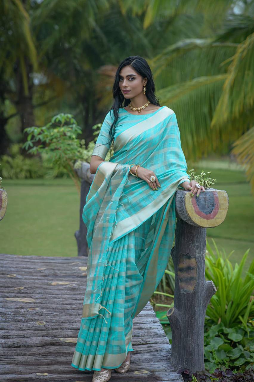 Sky Blue Soft Organza Silk Saree With All Over Zari Weaving
