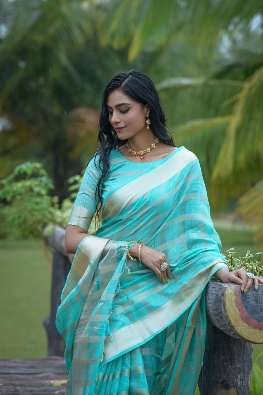 Sky Blue Soft Organza Silk Saree With All Over Zari Weaving