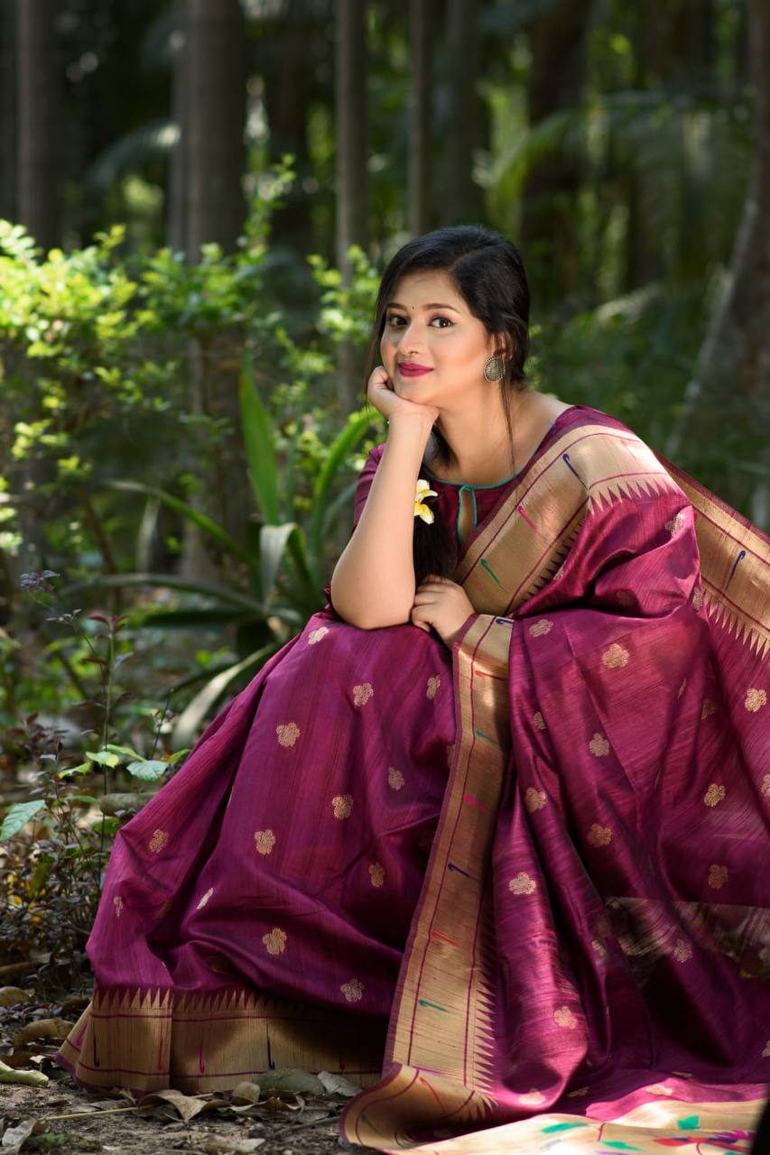 Wine Banarasi Tussar Silk Paithani Saree With Pure Zari Woven Border