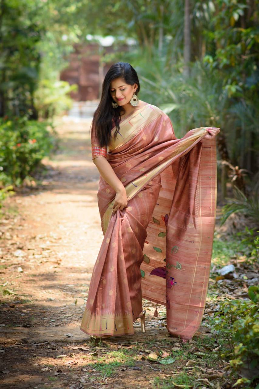 Peach Banarasi Tussar Silk Paithani Saree With Pure Zari Woven Border