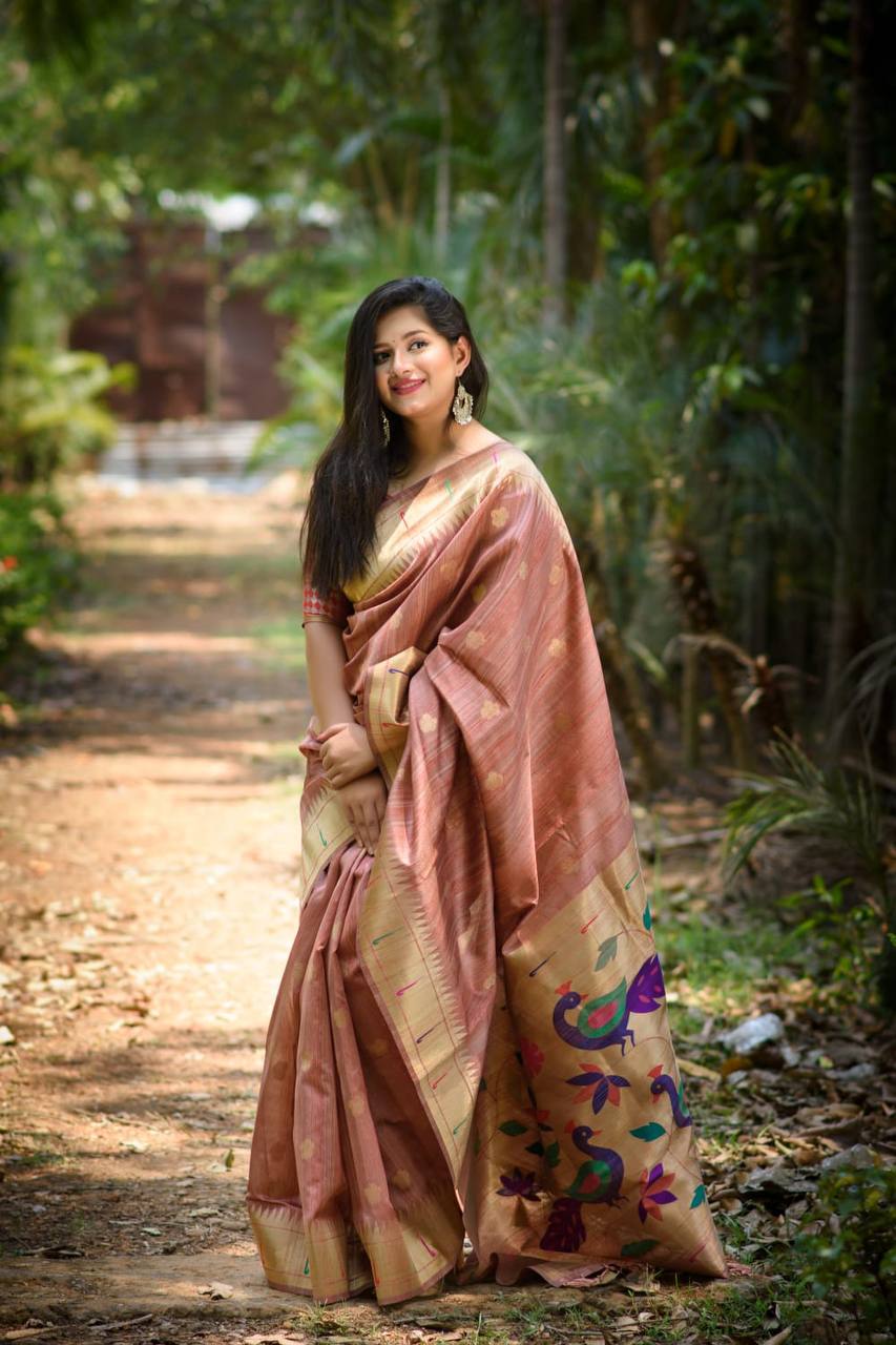 Peach Banarasi Tussar Silk Paithani Saree With Pure Zari Woven Border