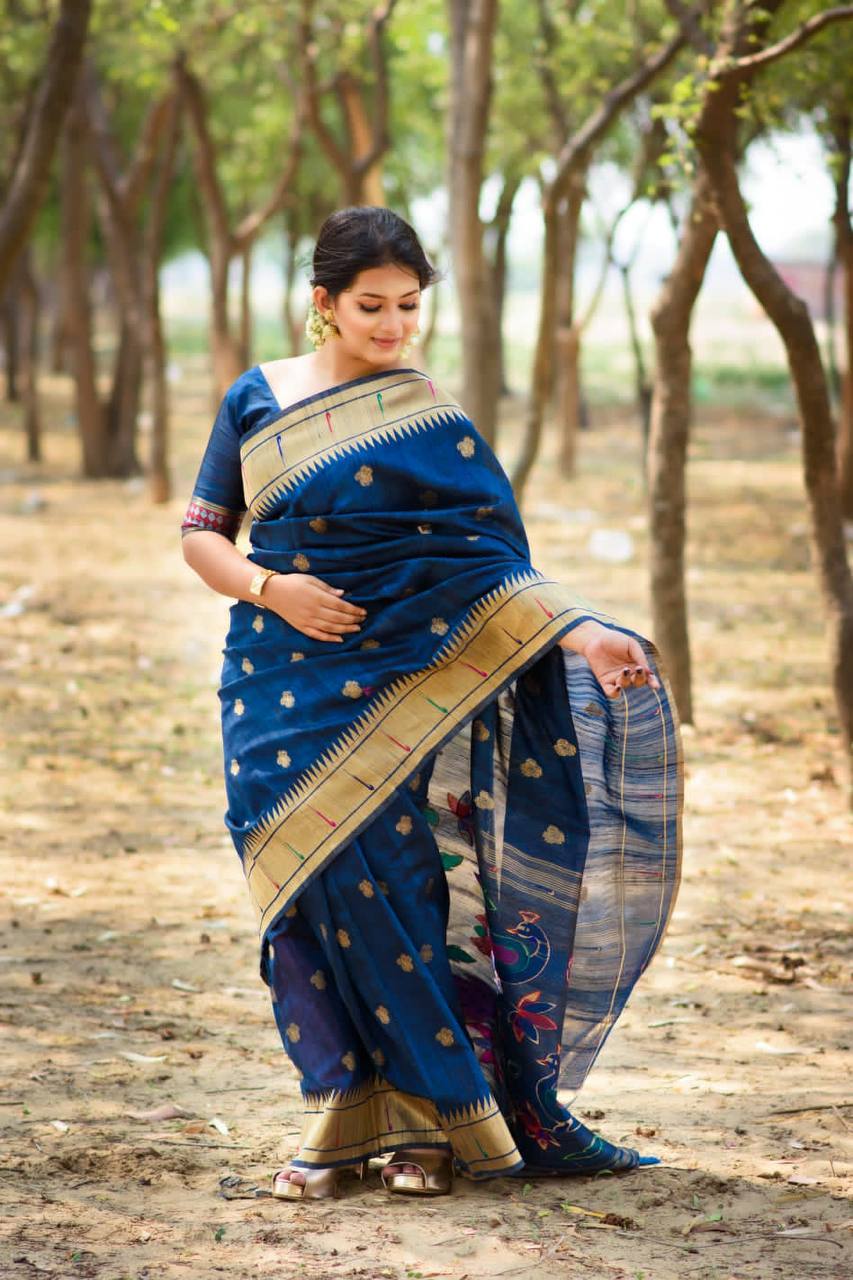 Blue Banarasi Tussar Silk Paithani Saree With Pure Zari Woven Border