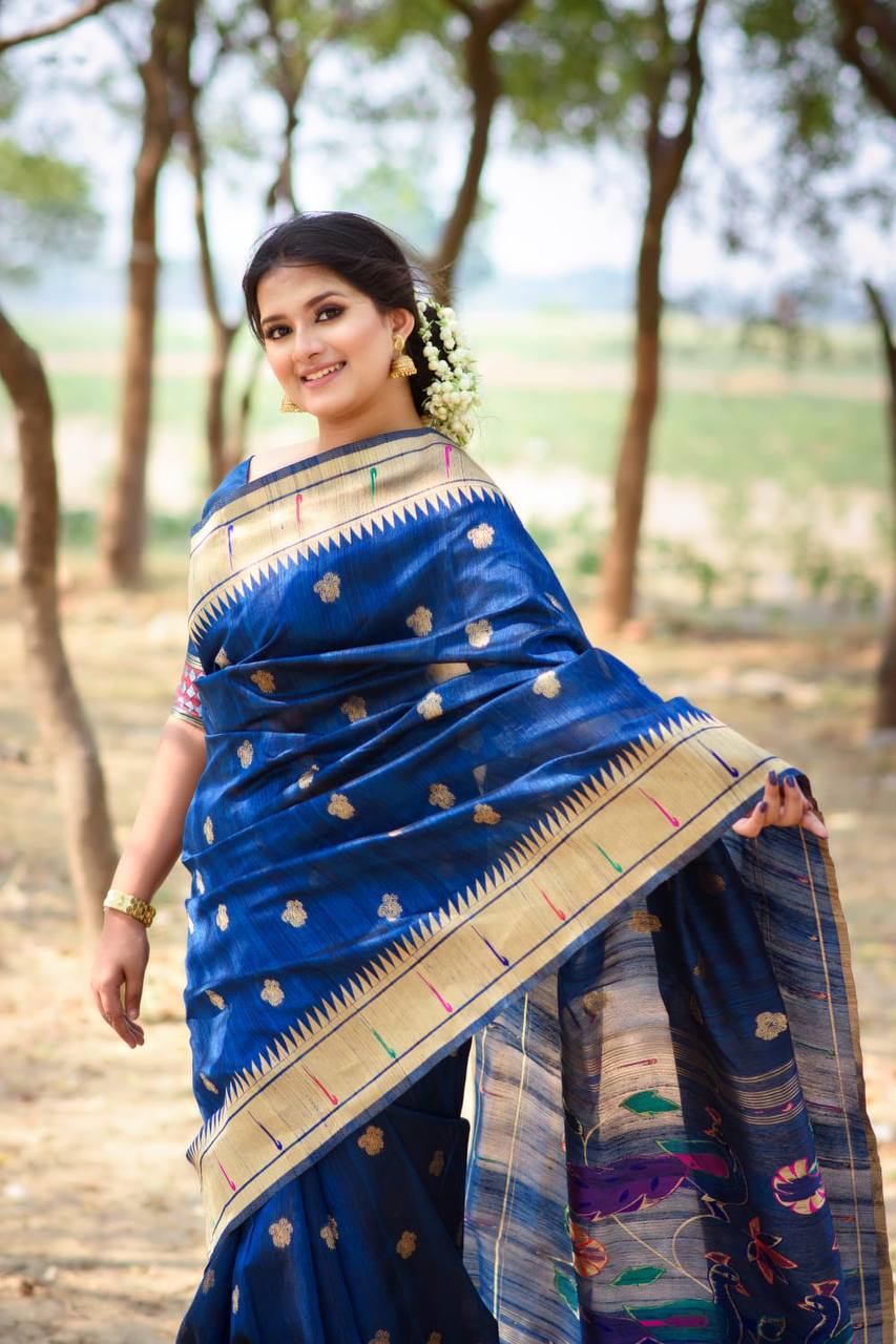 Blue Banarasi Tussar Silk Paithani Saree With Pure Zari Woven Border